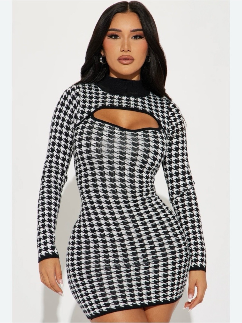 Houndstooth Cutout Mini Dress - Black & White